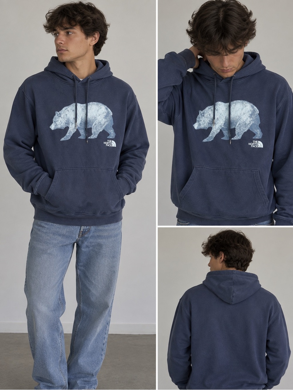 The North Face Men's Navy Crewneck Hoodie with Bear Graphic